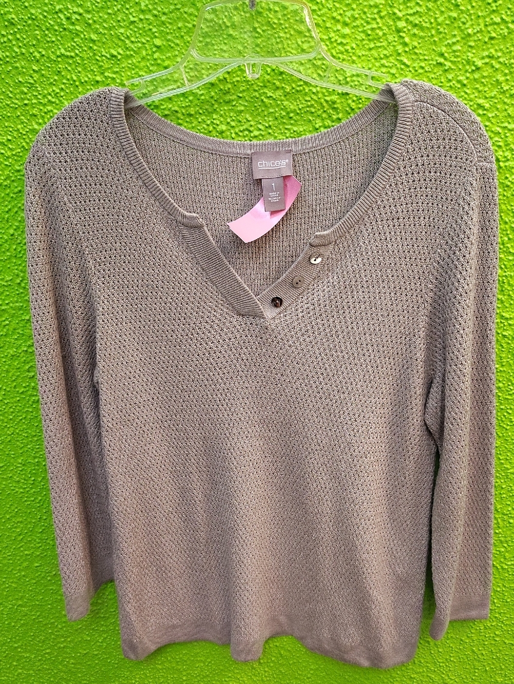 Chico's Neutral Taupe V-Neck Button-Accent Sweater